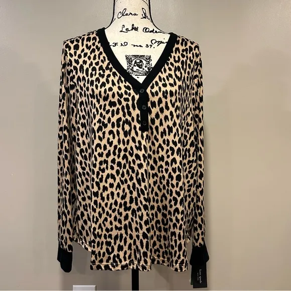 Kate Spade New York Leopard Cozy Jersey Knit Henley Pajama Set