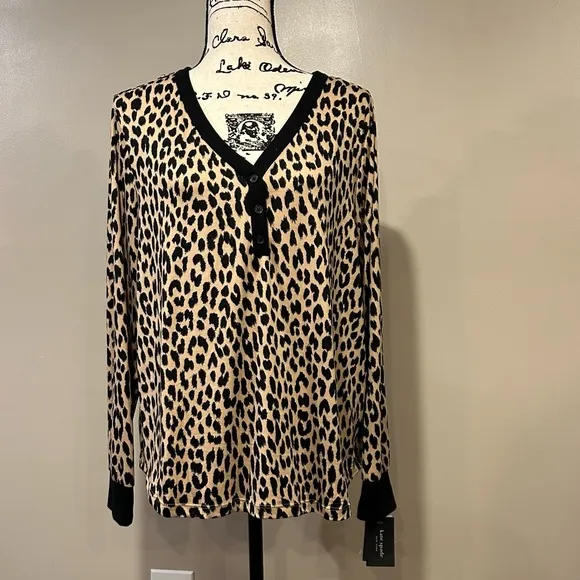 Kate Spade New York Leopard Cozy Jersey Knit Henley Pajama Set