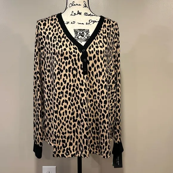 Kate Spade New York Leopard Cozy Jersey Knit Henley Pajama Set