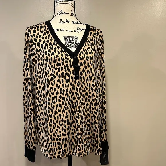 Kate Spade New York Leopard Cozy Jersey Knit Henley Pajama Set