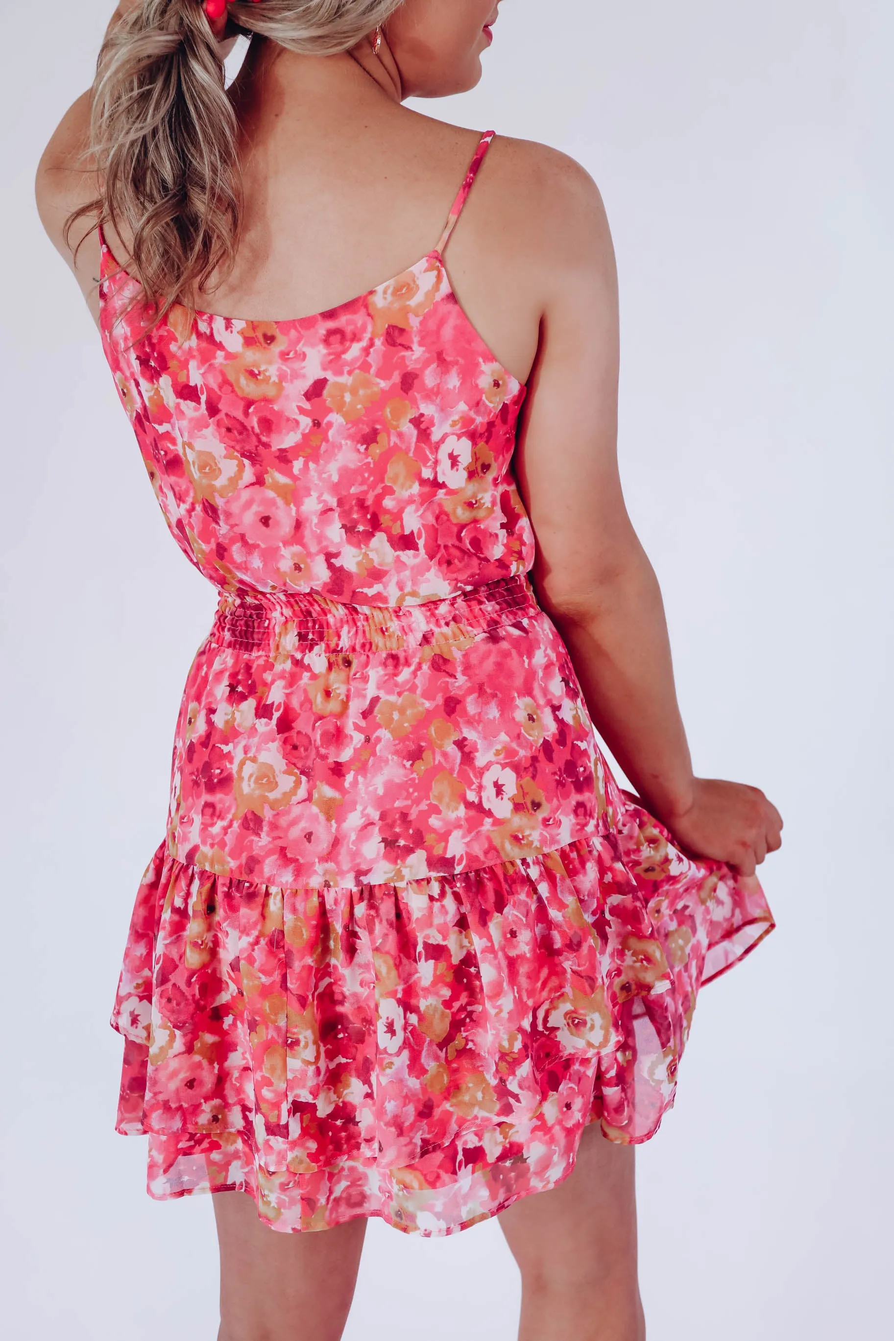 Krystal Chiffon Tiered Floral Dress - Pink