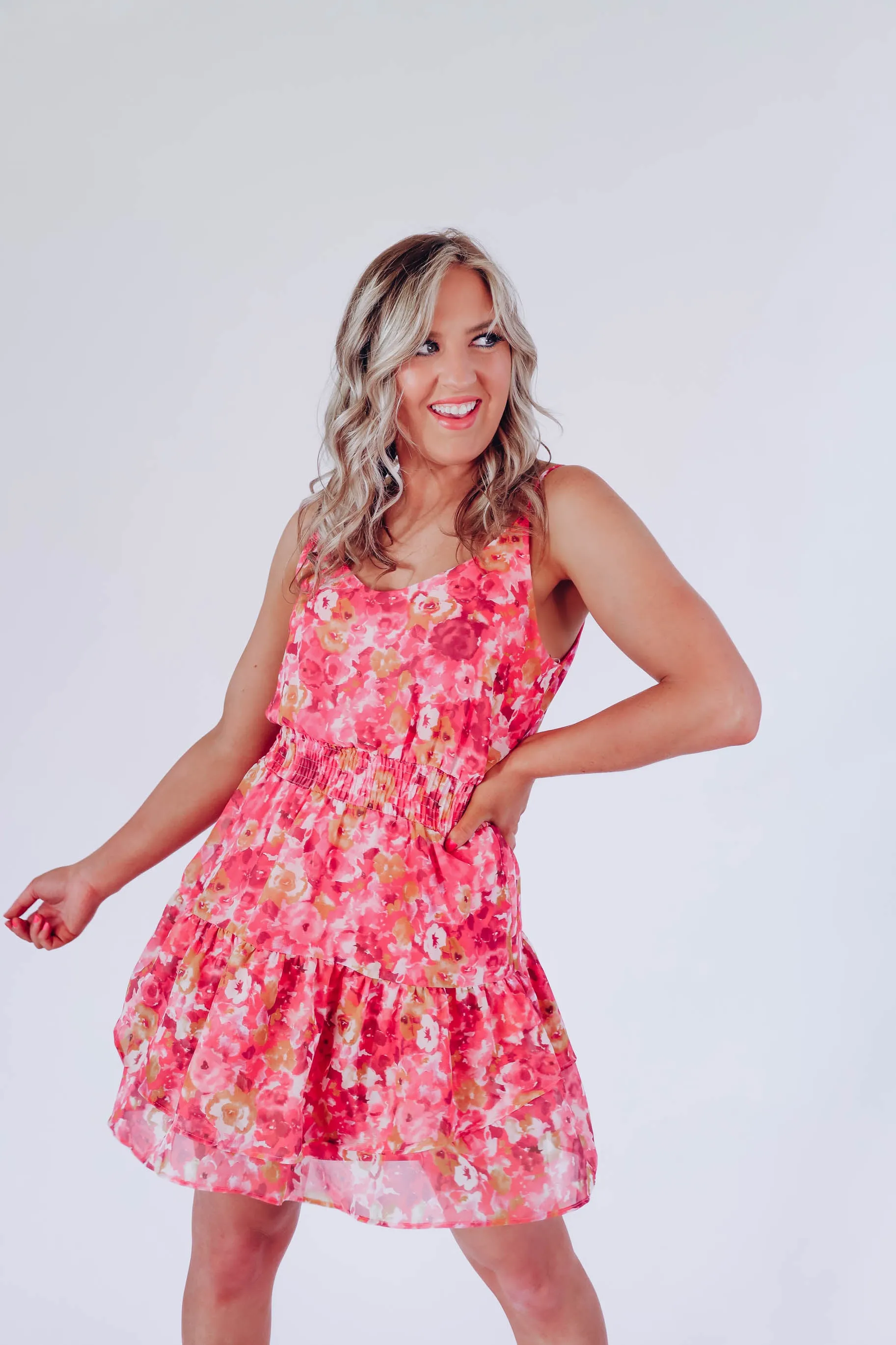 Krystal Chiffon Tiered Floral Dress - Pink