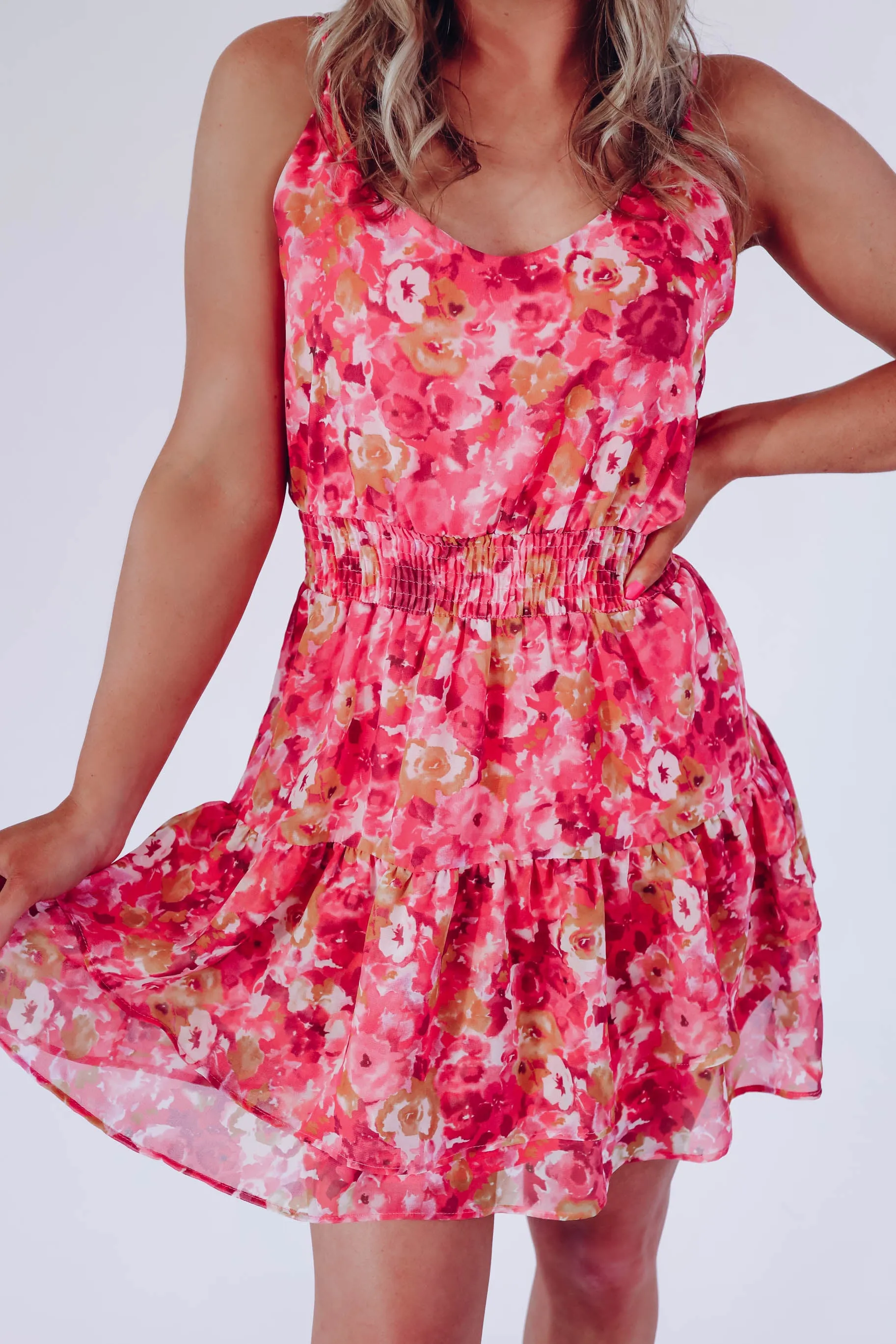 Krystal Chiffon Tiered Floral Dress - Pink