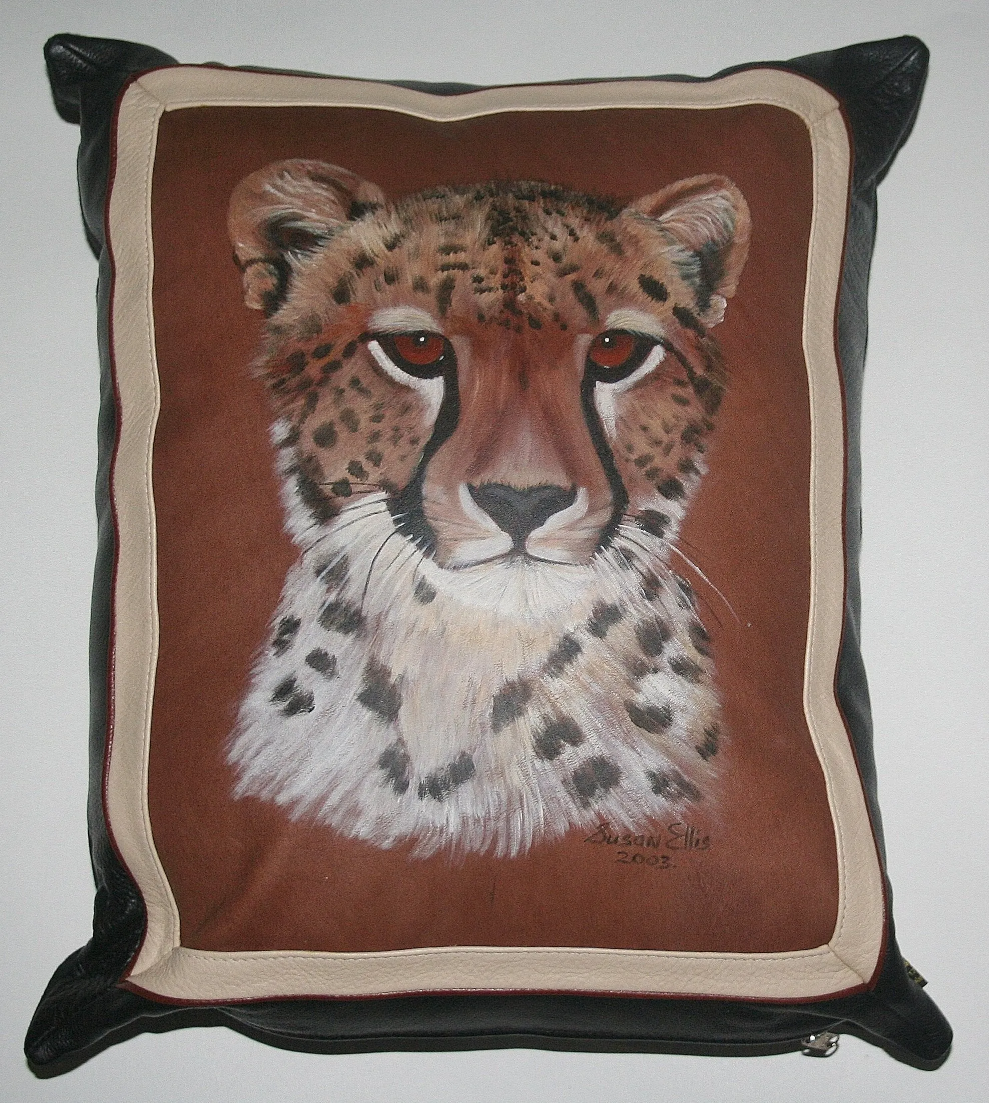 Leopard Original Art Leather & Suede Pillow Cover Original Painting on Leather