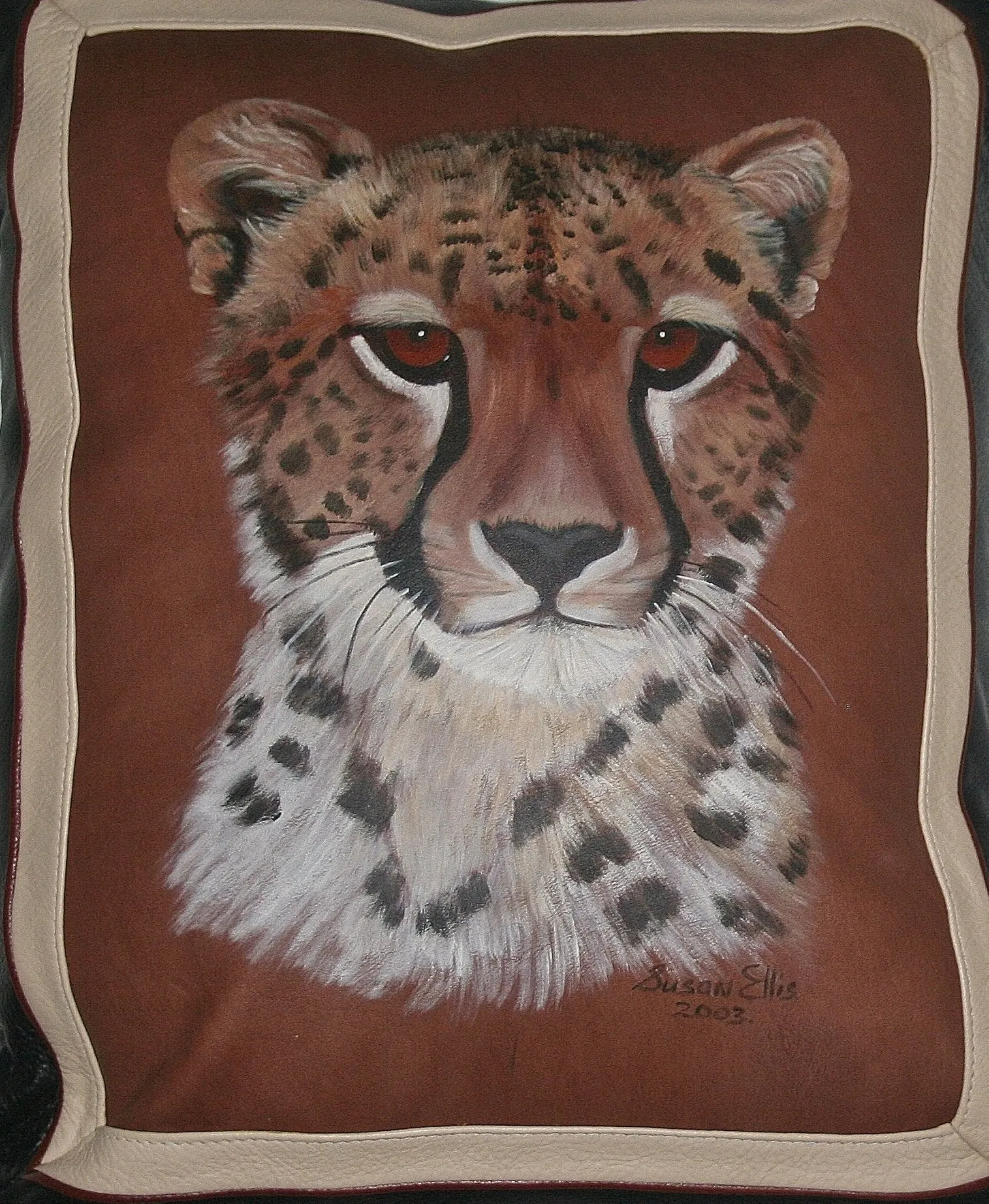 Leopard Original Art Leather & Suede Pillow Cover Original Painting on Leather