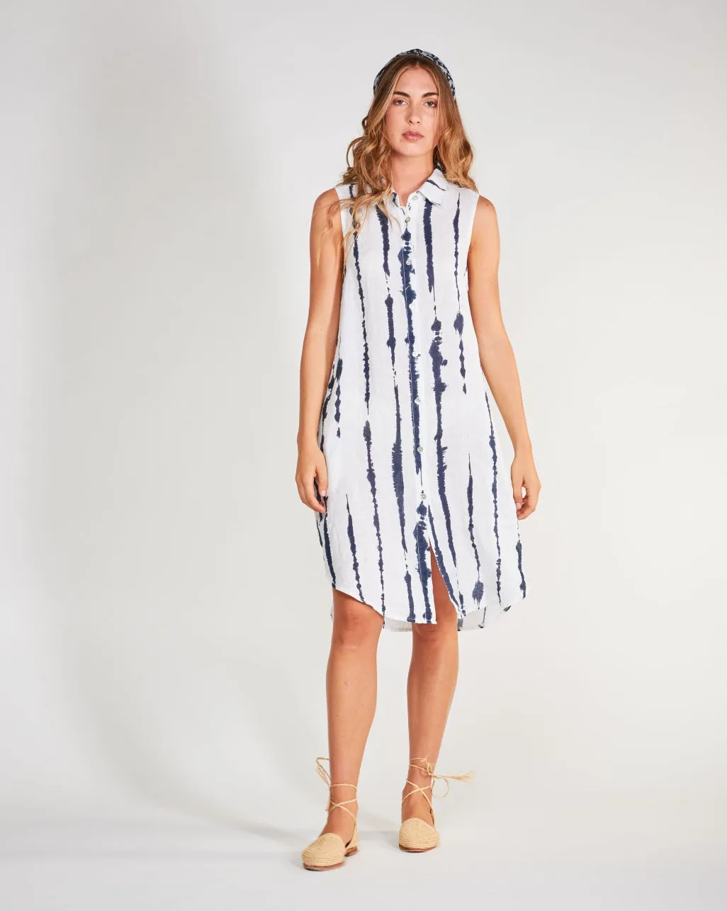 Linen Drip Striped Sleeveless Button-Up Shirtdress