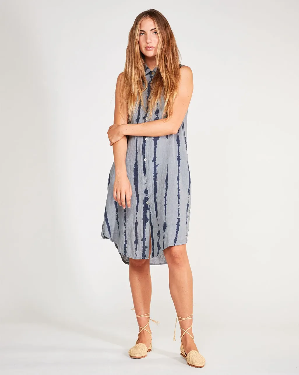 Linen Drip Striped Sleeveless Button-Up Shirtdress