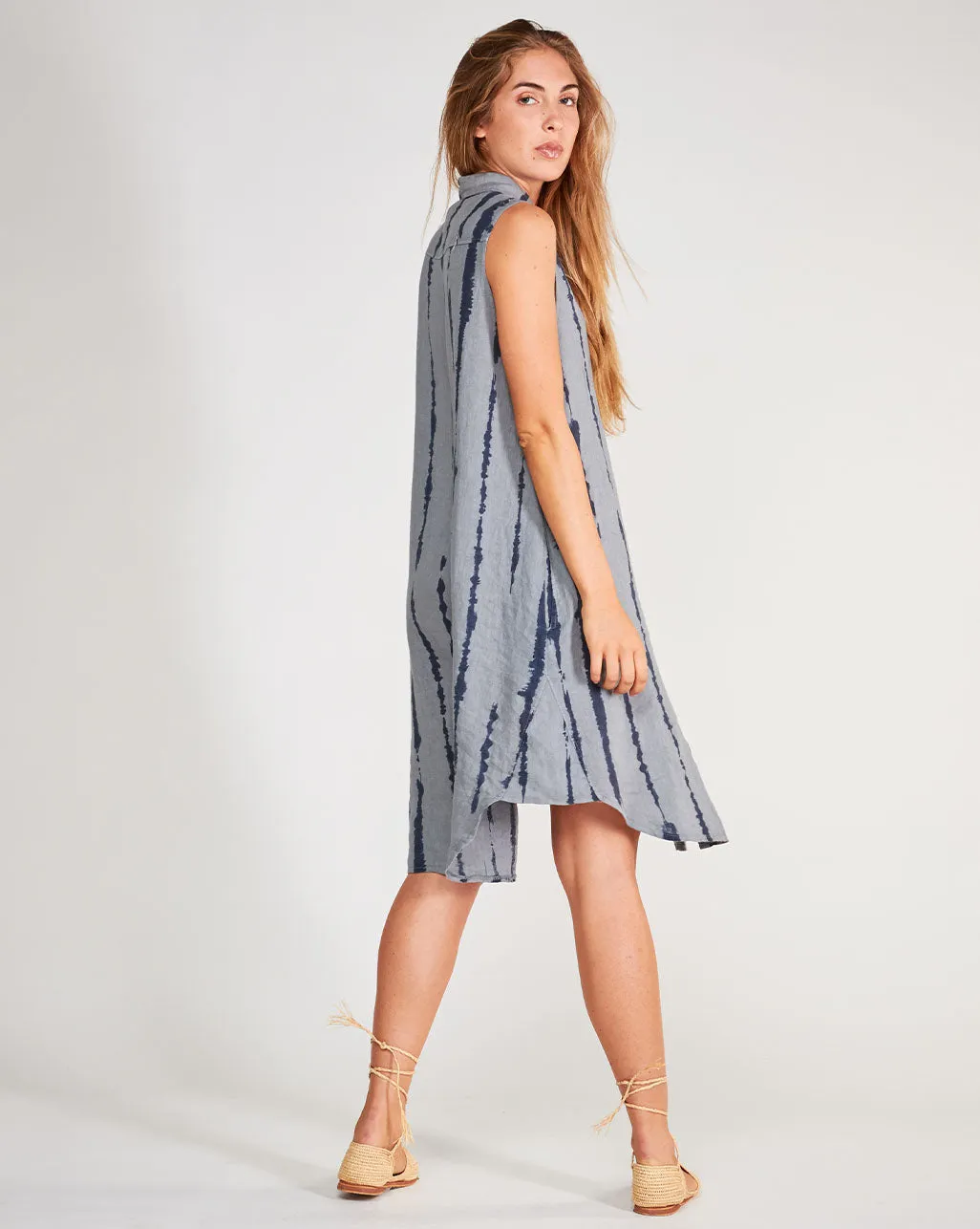Linen Drip Striped Sleeveless Button-Up Shirtdress