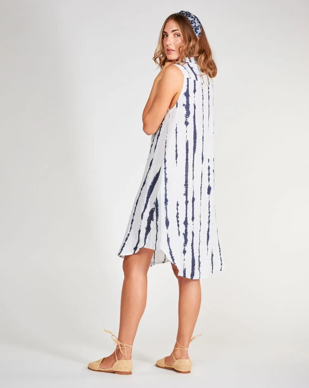 Linen Drip Striped Sleeveless Button-Up Shirtdress