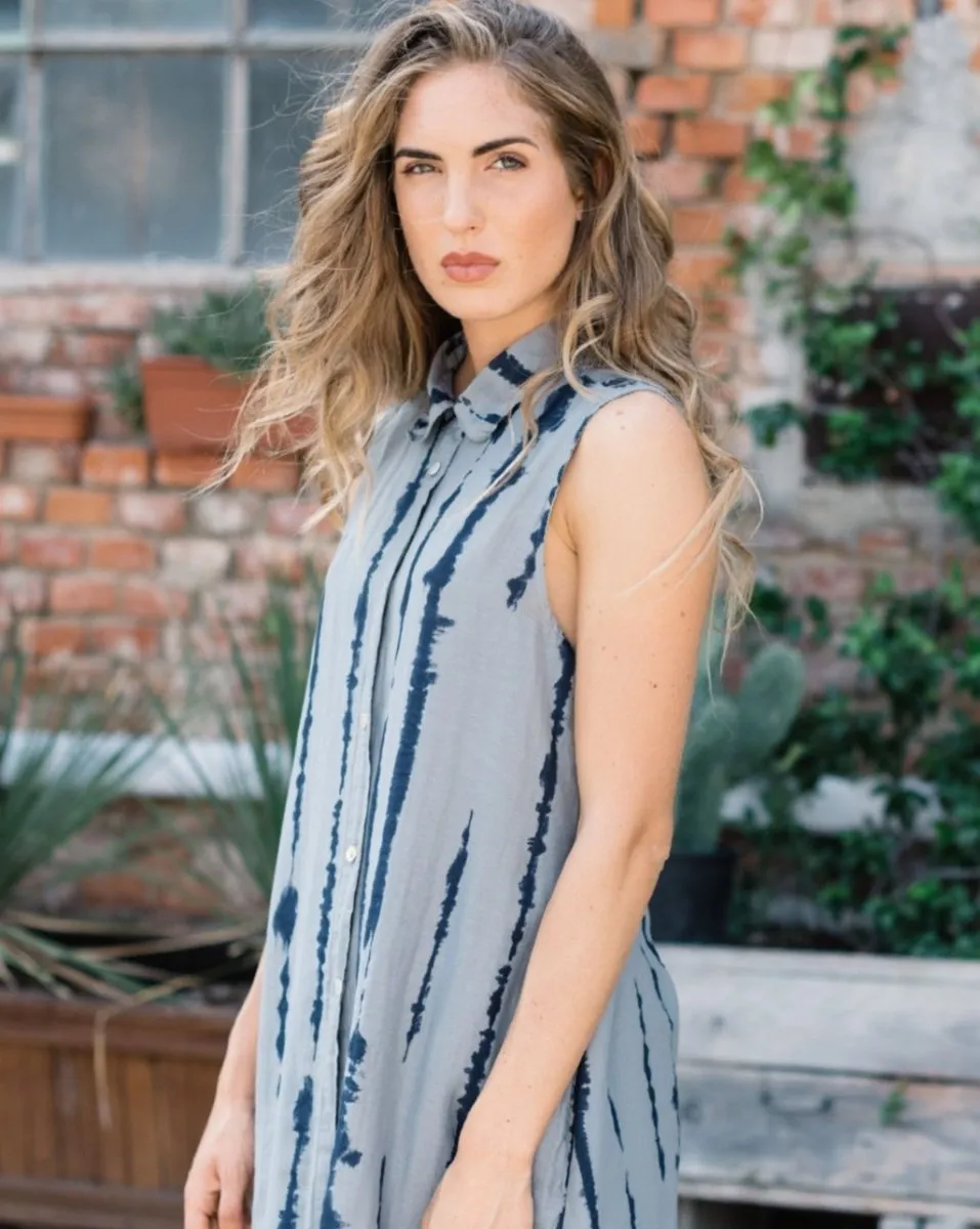 Linen Drip Striped Sleeveless Button-Up Shirtdress