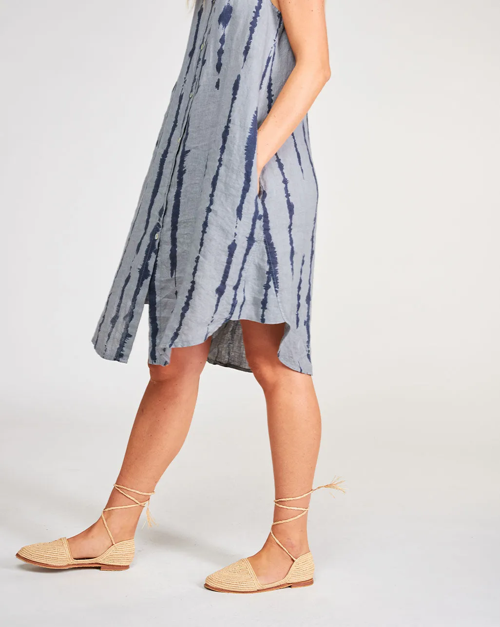 Linen Drip Striped Sleeveless Button-Up Shirtdress
