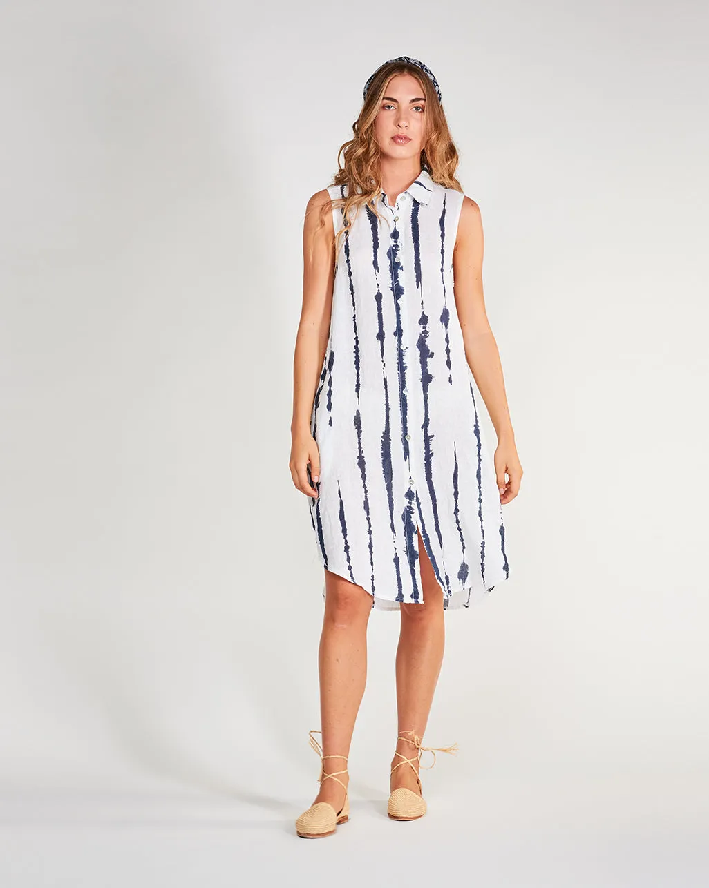 Linen Drip Striped Sleeveless Button-Up Shirtdress
