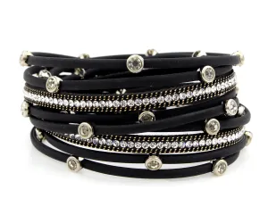 Matte Black Bezel Rhinestone Double Wrap Bracelet