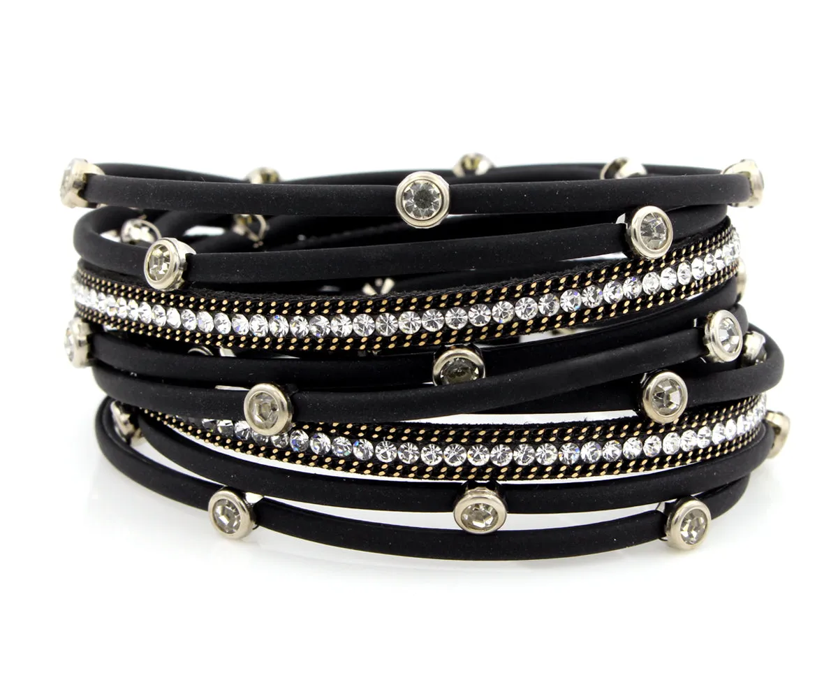Matte Black Bezel Rhinestone Double Wrap Bracelet