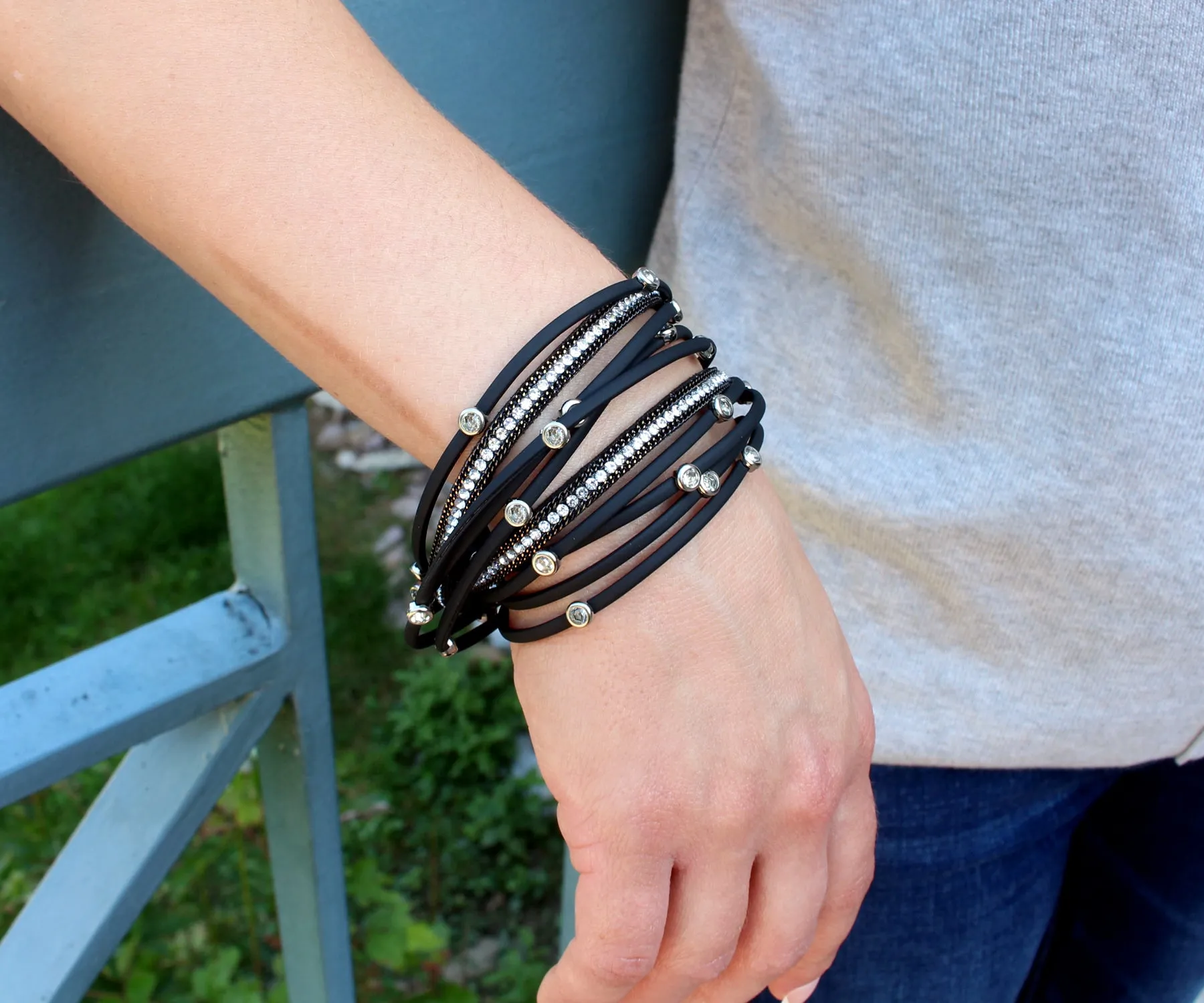 Matte Black Bezel Rhinestone Double Wrap Bracelet
