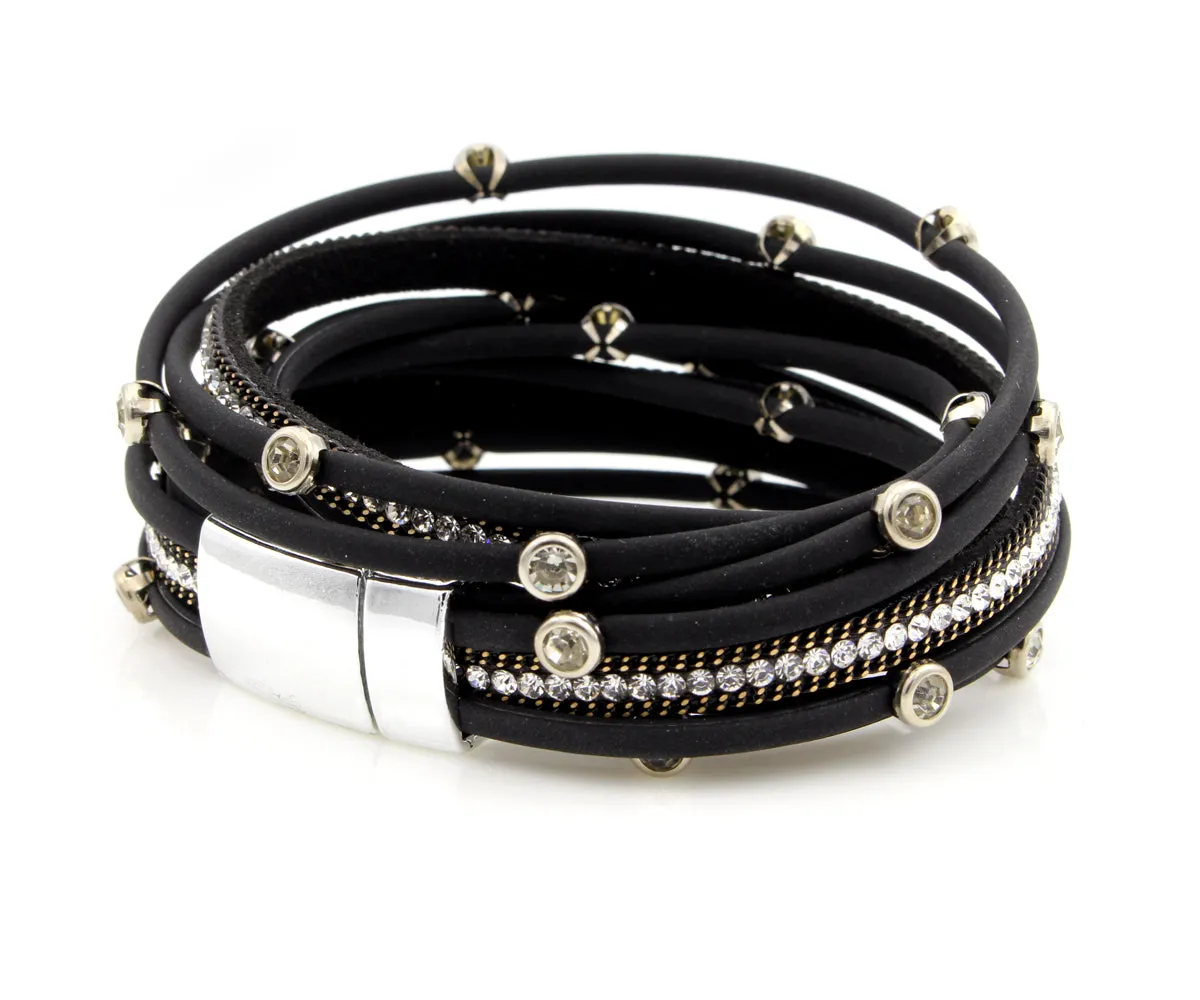 Matte Black Bezel Rhinestone Double Wrap Bracelet
