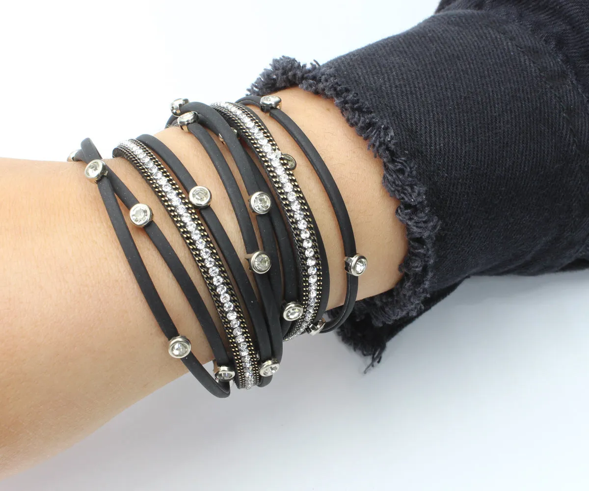 Matte Black Bezel Rhinestone Double Wrap Bracelet