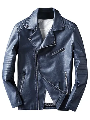 Men's Lapel Side Button Zipper Faux Leather Biker Jacket