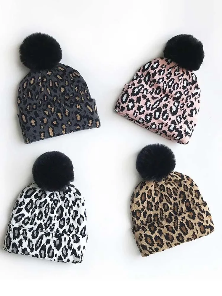 Mum & Me Matching Leopard Faux Pom Pom Hat - BLACK Leopard - Black and Grey Animal Print