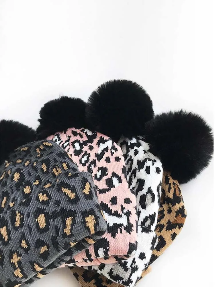 Mum & Me Matching Leopard Faux Pom Pom Hat - BLACK Leopard - Black and Grey Animal Print