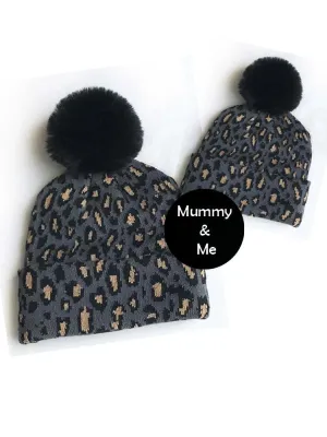 Mum & Me Matching Leopard Faux Pom Pom Hat - BLACK Leopard - Black and Grey Animal Print