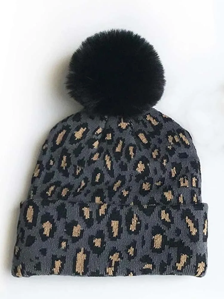 Mum & Me Matching Leopard Faux Pom Pom Hat - BLACK Leopard - Black and Grey Animal Print