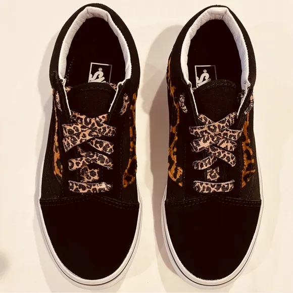 New Vans Leopard Fur Sneakers Girls 3 Old Skool Shoes Black Brown Suede Canvas