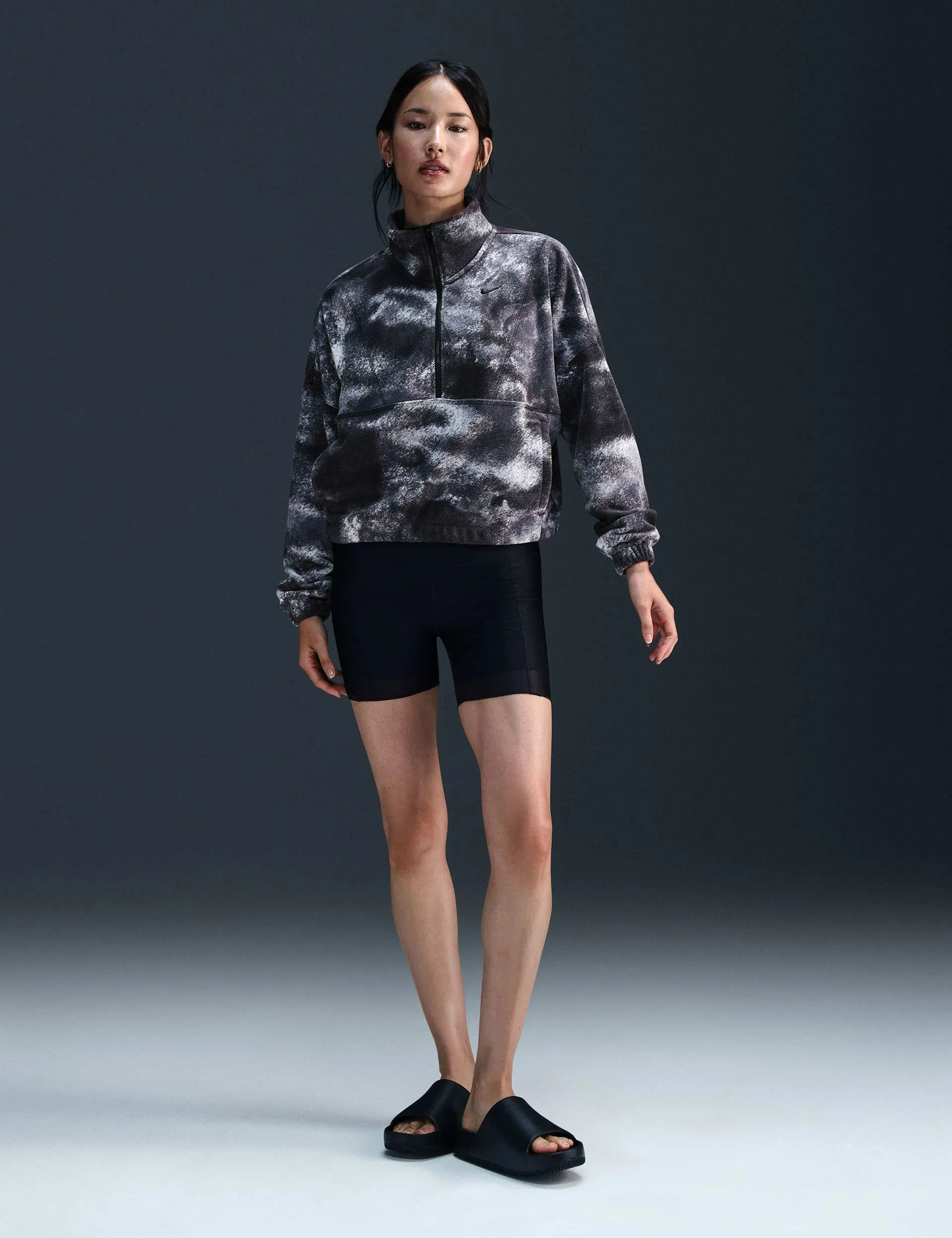 One Oversized 1/2-Zip Fleece Printed Top - Black
