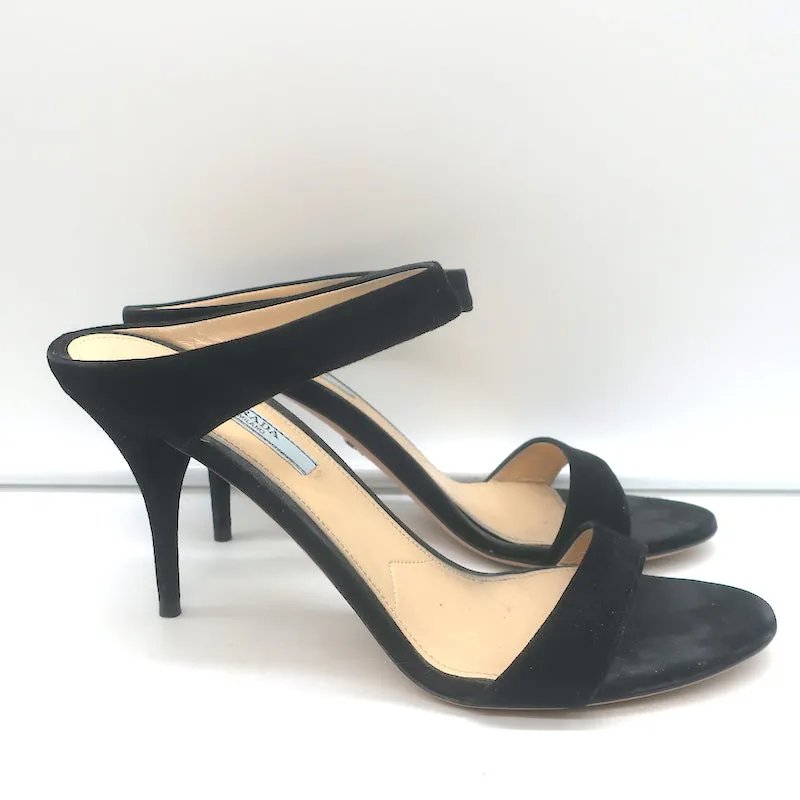 Prada Double Band Sandals Black Suede Size 39 Open Toe Heels