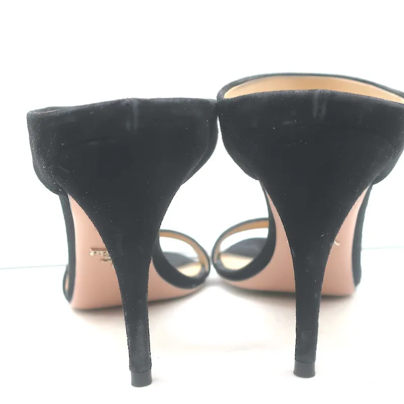 Prada Double Band Sandals Black Suede Size 39 Open Toe Heels