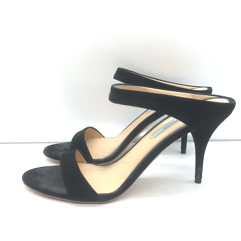 Prada Double Band Sandals Black Suede Size 39 Open Toe Heels