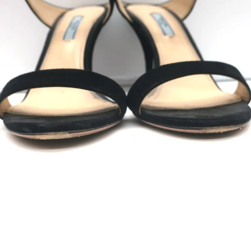 Prada Double Band Sandals Black Suede Size 39 Open Toe Heels