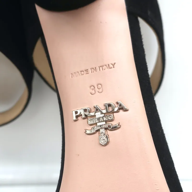 Prada Double Band Sandals Black Suede Size 39 Open Toe Heels