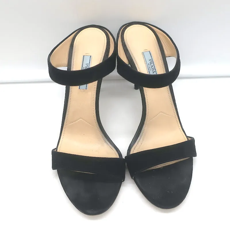 Prada Double Band Sandals Black Suede Size 39 Open Toe Heels