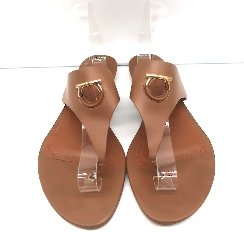 Salvatore Ferragamo Enfola Thong Sandals Brown Leather Size 9.5 C Flat Slides