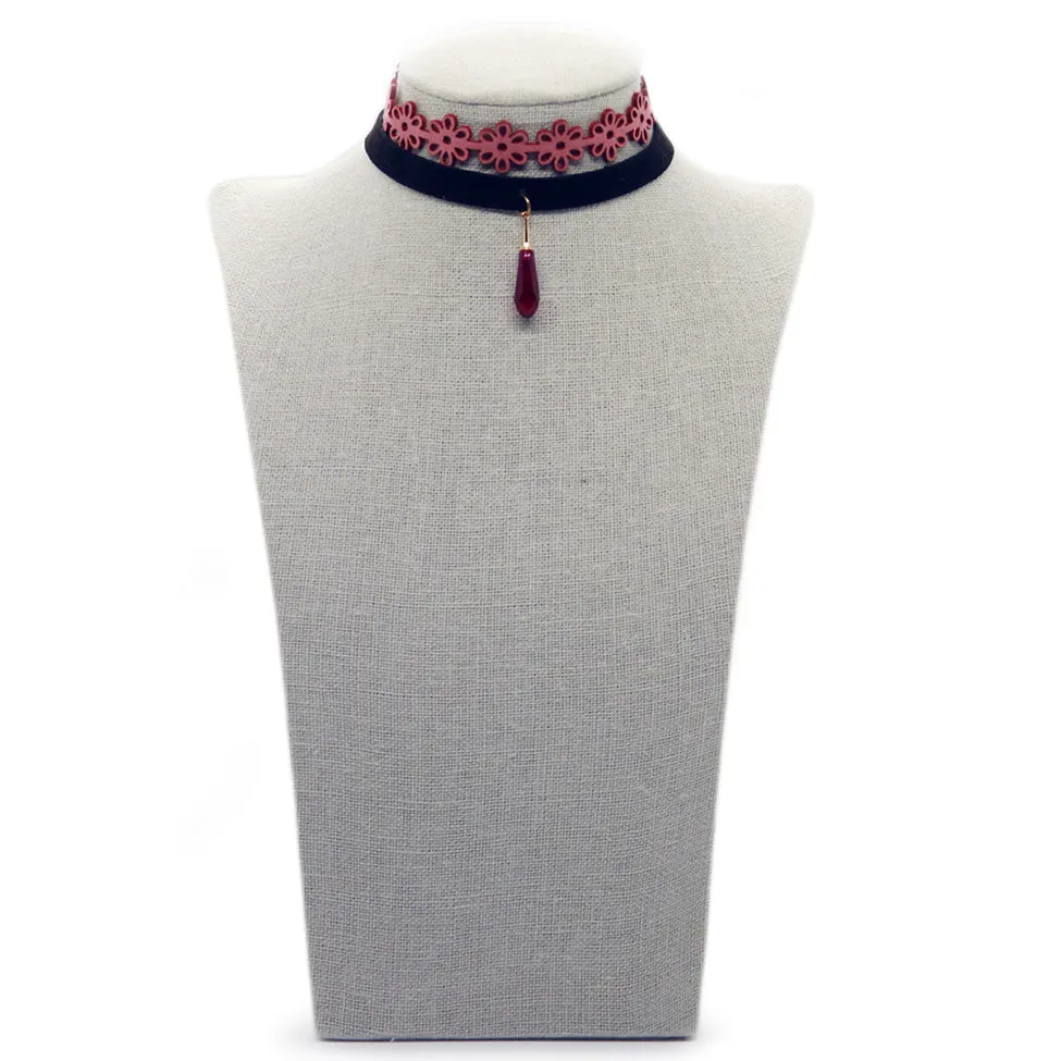 Seduction: Pink Suede   Velvet Lace Choker w/Ruby Swarovski Pendant