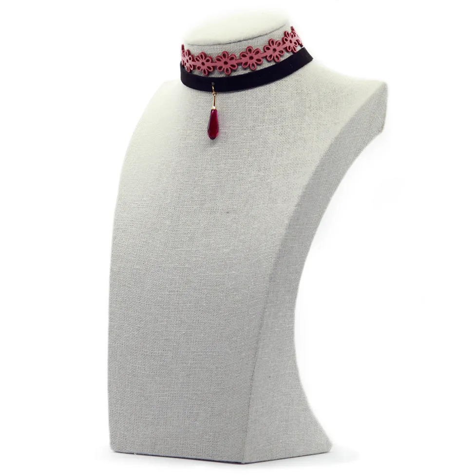 Seduction: Pink Suede   Velvet Lace Choker w/Ruby Swarovski Pendant