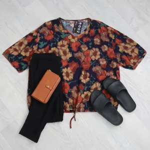 Short Sleeve Verity Tie Top - Warm Brown Florals