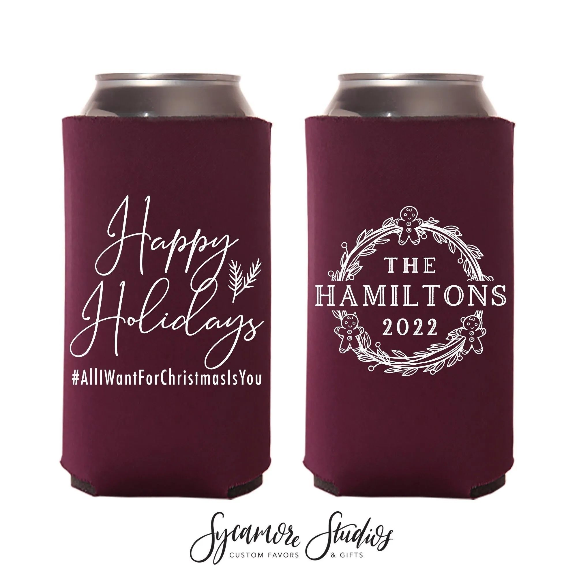 Slim 12oz Wedding Can Cooler #199S - Happy Holidays