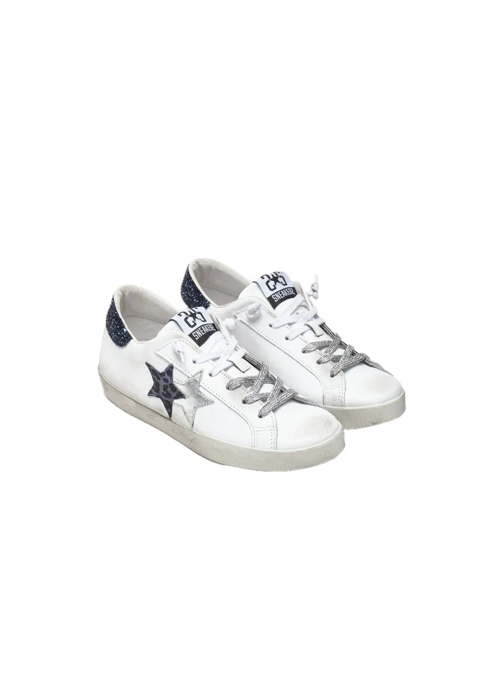 Sneakers Low Pelle Bianca Dettagli Blu