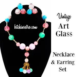 Vintage Art Glass Beaded Necklace and Earrings Set Tassel Drop Pastel Colors