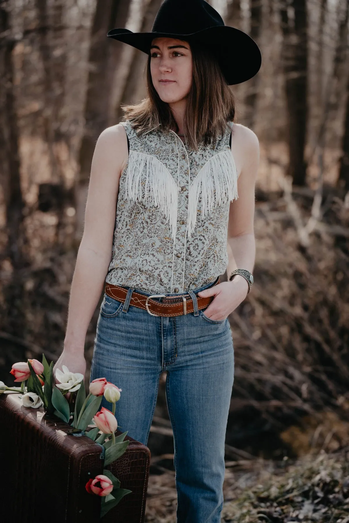 'Virginia Bluebells' Sleeveless Snap with Fringe (S Only)
