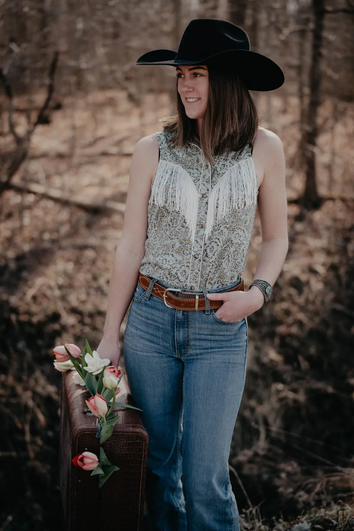 'Virginia Bluebells' Sleeveless Snap with Fringe (S Only)