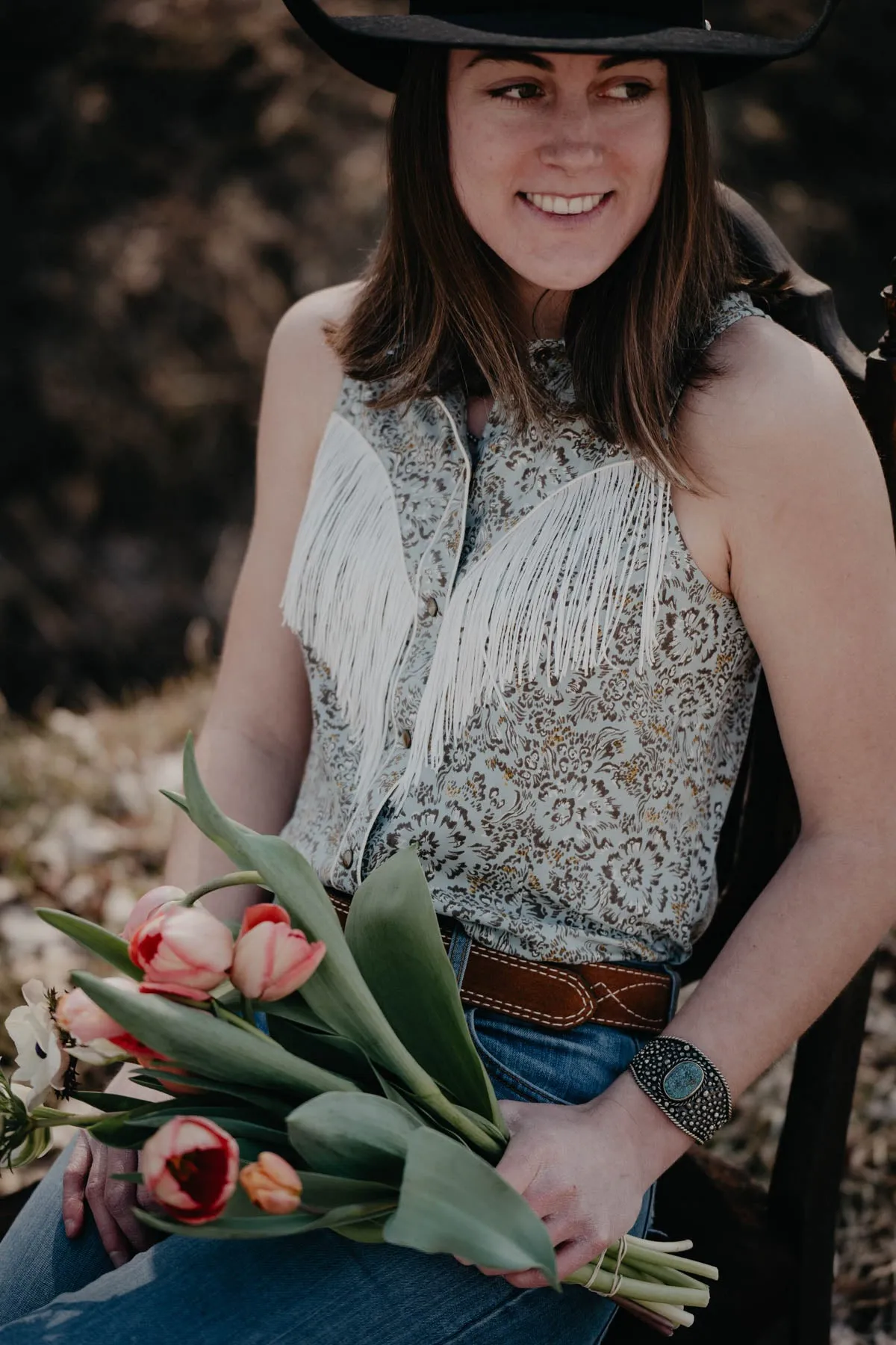 'Virginia Bluebells' Sleeveless Snap with Fringe (S Only)