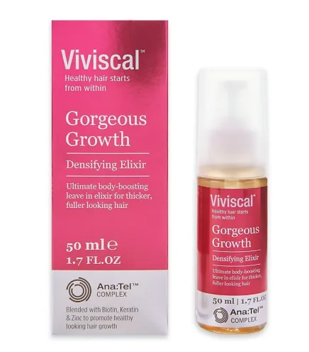 Viviscal's firming essence contains keratin, zinc, and biologicalin to make the hair look stronger and abundant Gorgeous Growth Densifying Elixir 50ml