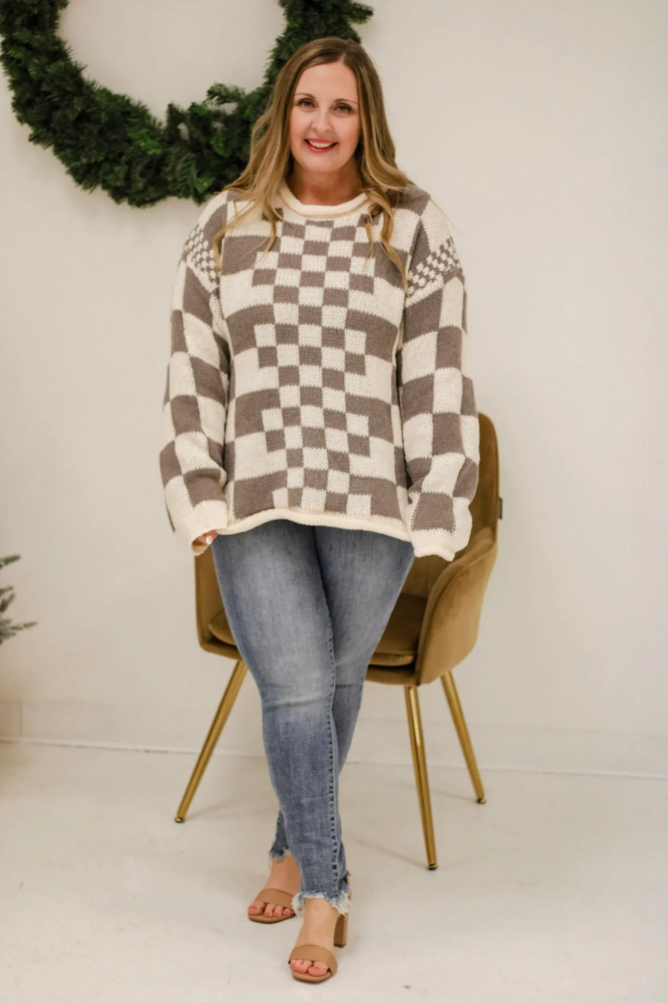 Warm Vibes Mocha Check Print Sweater
