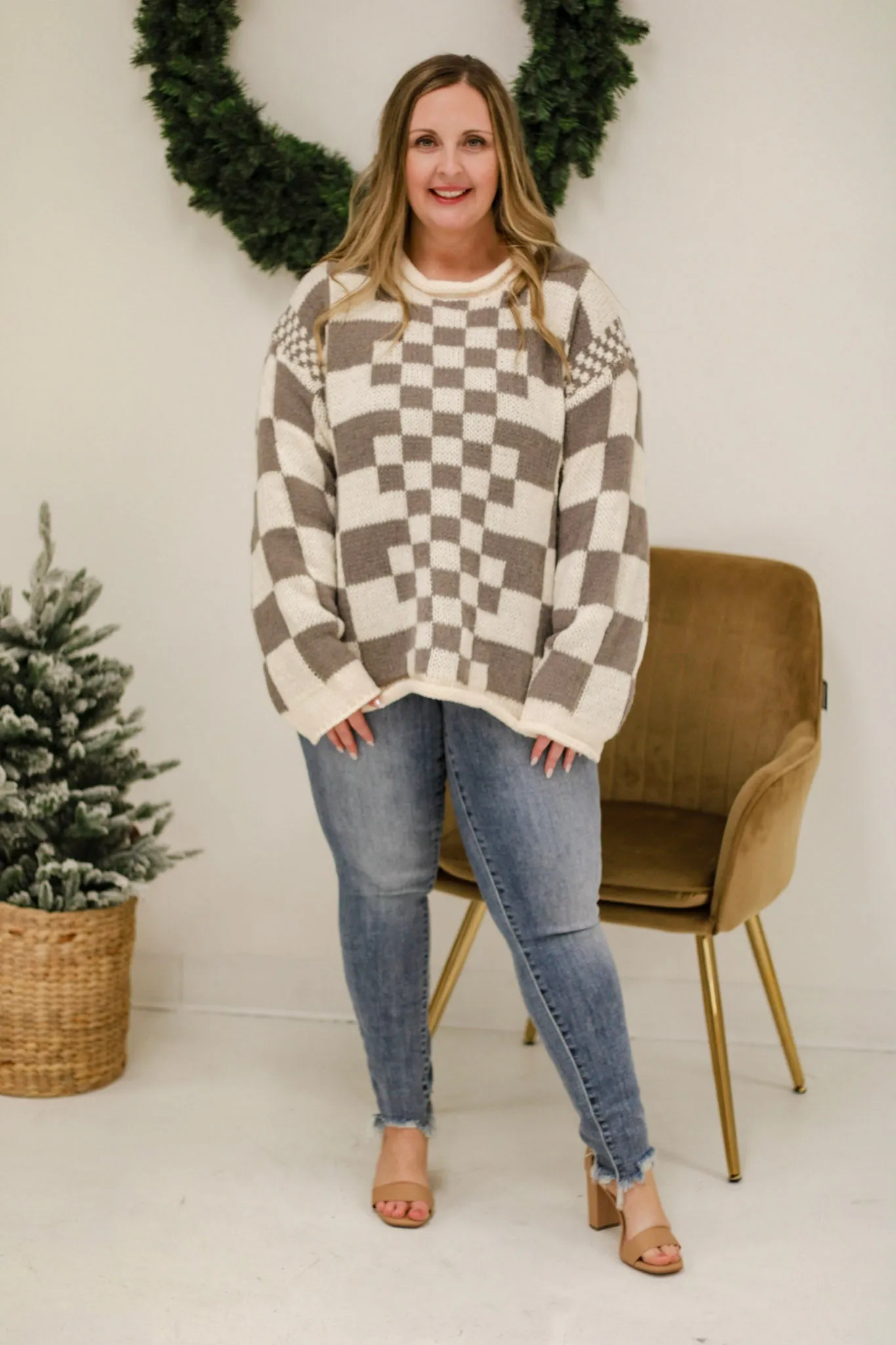 Warm Vibes Mocha Check Print Sweater