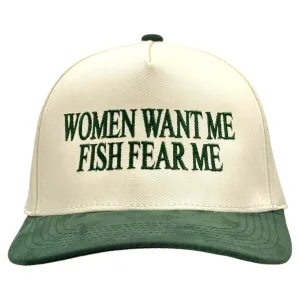 Women want me Fish fear me Green suede embroidered snapback hat