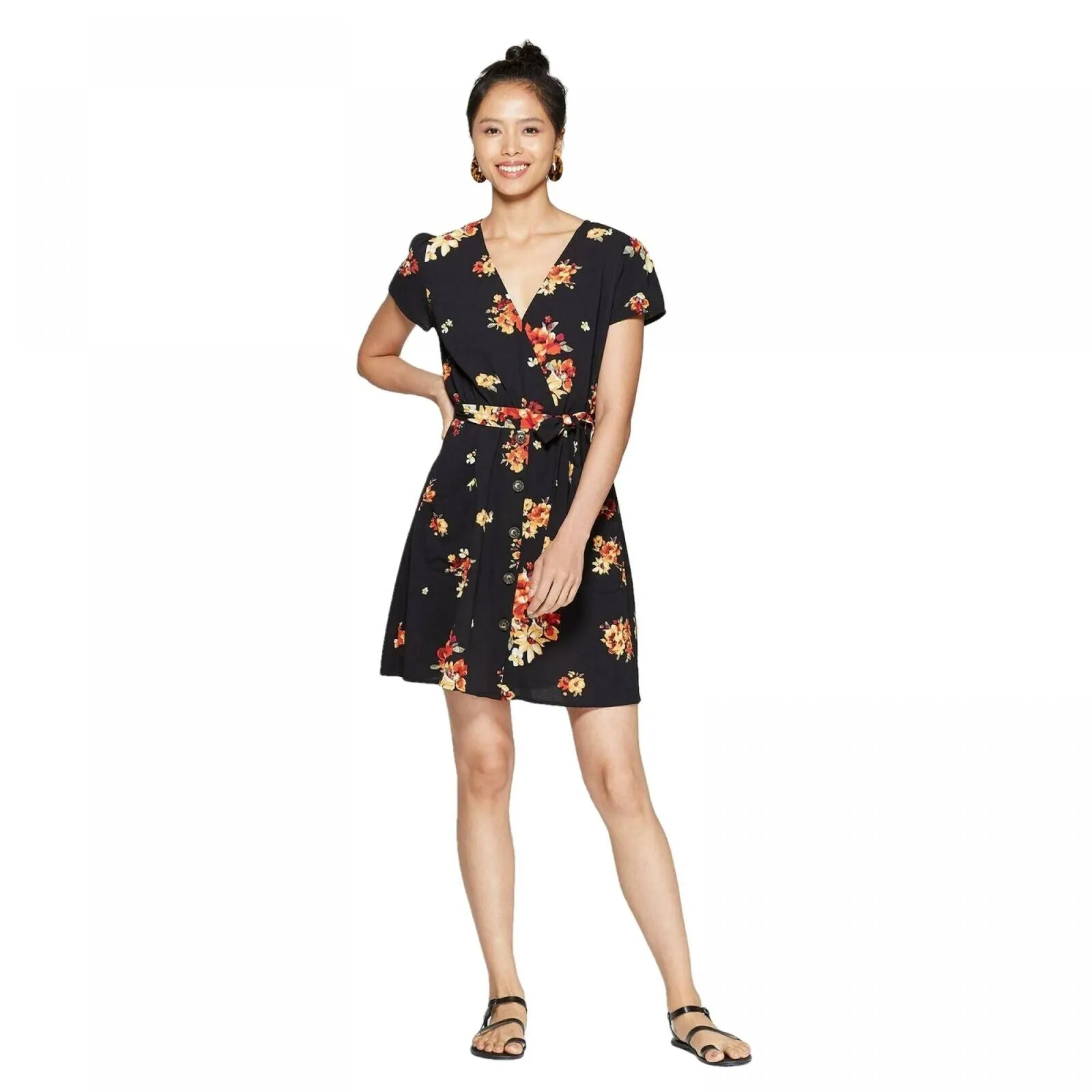 Xhilaration Women's Floral Print Short Sleeve V-Neck Button-Down Wrap Dress