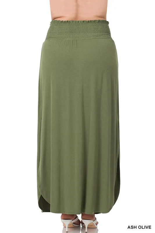 ZENANA Plus Smocked Waist Side Slit Maxi Skirt w/ Pockets